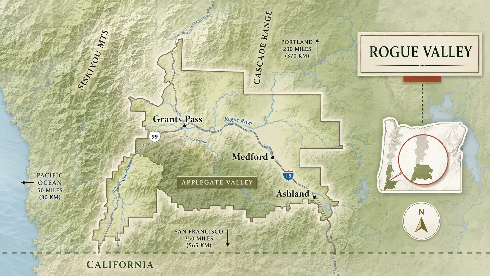 Illustrated map of the Rogue Valley showing Ashland, Medford, Grants Pass, the Applegate Valley and Rogue River